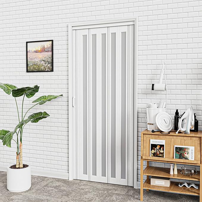 24"-36" x 80 Accordion Doors Interior Folding Door, PVC Accordion Door with 1 Frosted Acrylic Glass with Upgraded Roller & Handle & Complete Hardware, for Closet Bathroom Doorways, White