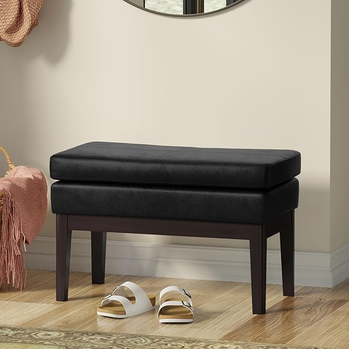 SIMPLIHOME Carlson Small Ottoman Bench - 27 inch Wide Upholstered Woven Fabric Rectangle Ottoman in Distressed Black, Mid Century Modern Bench for Bedroom or Living Room with Padded Seat