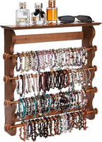 Donmills 4-Tier Wall-Mounted Wooden Bracelet Holder – Brown Jewelry Display Rack with Top Shelf for Perfume, Sunglasses & Accessories – Hanging Organizer for Bracelets, Bangles, Watches & Necklaces