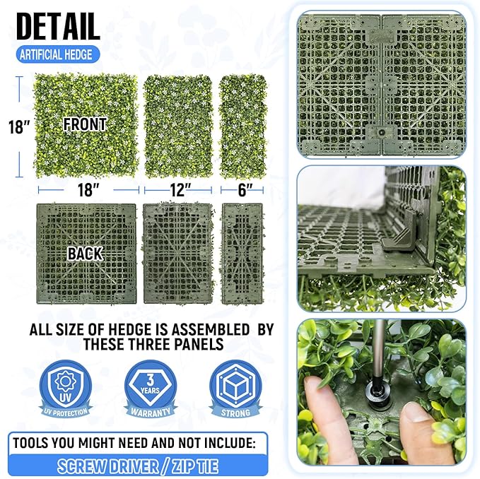 E&K 162" Wx36 Hx6 D Artificial Boxwood Hedge Wall with White Flowers, Artificial Outdoor Privacy Wall for Balcony Backyard Office, Indoor Divider Freestanding Greenery Backdrop