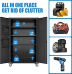 43.3''W x 22''D x 72''H Wide and Deep Garage Storage Cabinet with Wheels & Pegboard & 9 Hooks, Lockable Metal Storage Cabinet with 2 Doors and 4 Adjustable Shelves for Garage, Home, Black