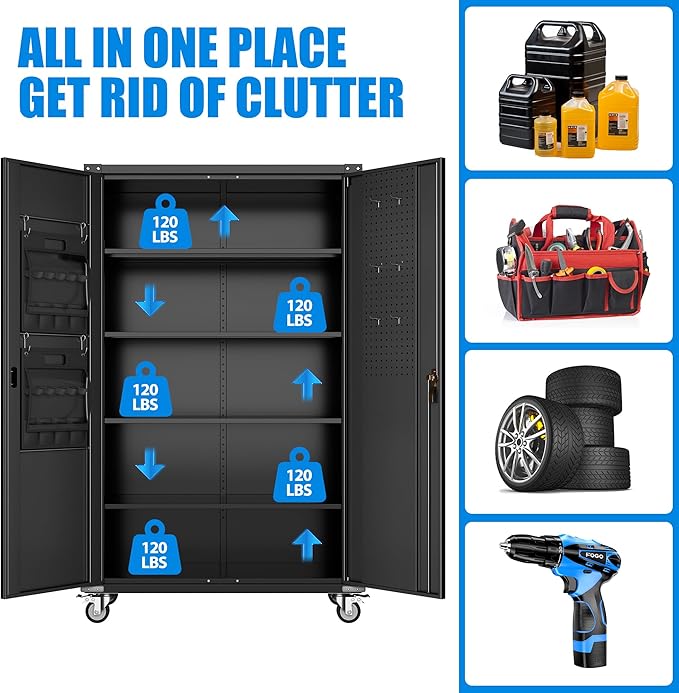 43.3''W x 22''D x 72''H Wide and Deep Garage Storage Cabinet with Wheels & Pegboard & 9 Hooks, Lockable Metal Storage Cabinet with 2 Doors and 4 Adjustable Shelves for Garage, Home, Black
