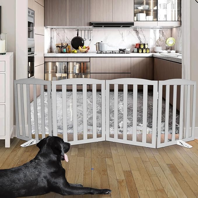 Freestanding Dog Gate Indoor,Doggie Gate Foldable Pet Gates for Doorways,Stairs or Hallways, Wooden Grey Pet Gate for The House, Pet Fence with Support Feet Included,24 "Height-4 Panels