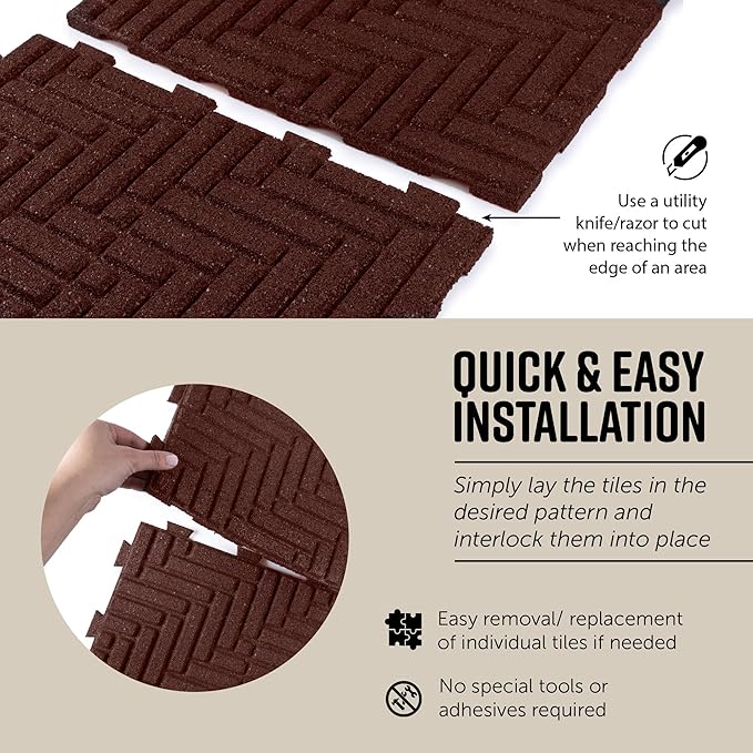 Playsafer Herringbone Rubber Interlocking Tiles | 16 X 16 | Easy Install for Indoor and Outdoor Use (Red, 10 Tiles)