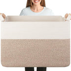 XXXL Supre Large Blanket Basket for Clothes, Towels, Pillows, 108L Cotton Rope Storage Basket for Living Room, Woven Toy Storage for Kids, 25" x 16" x 16", Brown and White