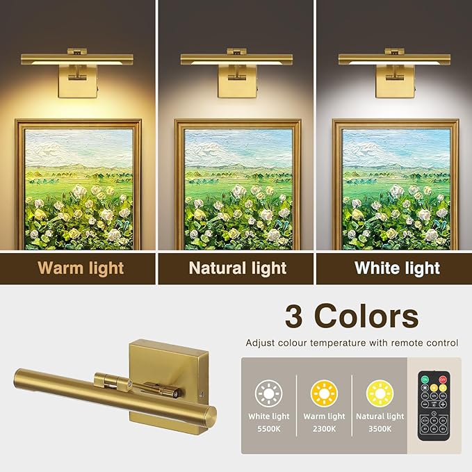 Joosenhouse Battery Operated Picture Light Set of 2, 12.6 Inch Brass Rechargeable Wall Art Light with Remote Timer and Dimmer Display Light for Bedroom, Living Room, Artwork Display