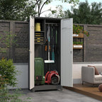 LUCYPAL Metal Storage Cabinet,72.8" H Outdoor Broom Cabinets with Waterproof and Locking Door,Tall Storage Shed with Removable Shelf for Broom Mop,Outside Garden,Grey&White