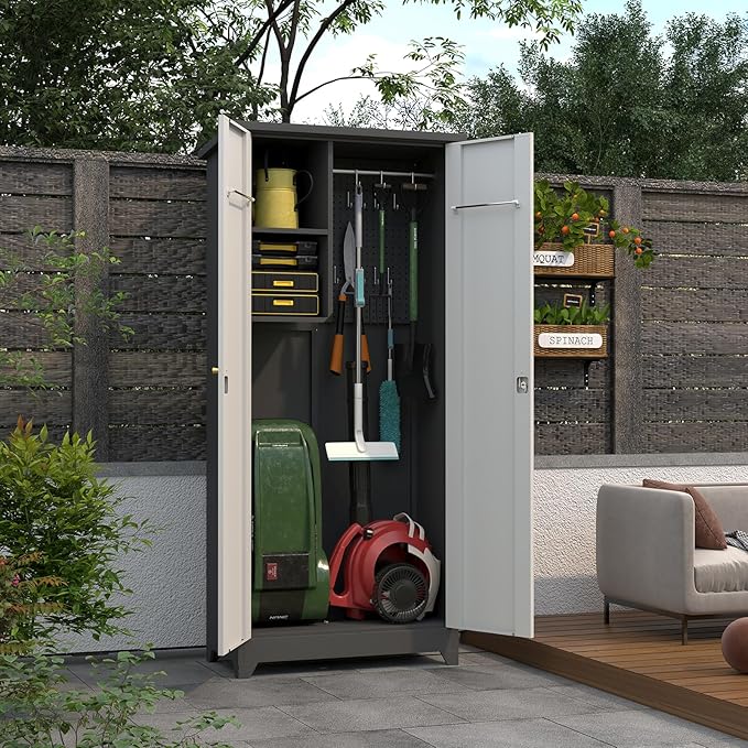 LUCYPAL Metal Storage Cabinet,72.8" H Outdoor Broom Cabinets with Waterproof and Locking Door,Tall Storage Shed with Removable Shelf for Broom Mop,Outside Garden,Grey&White