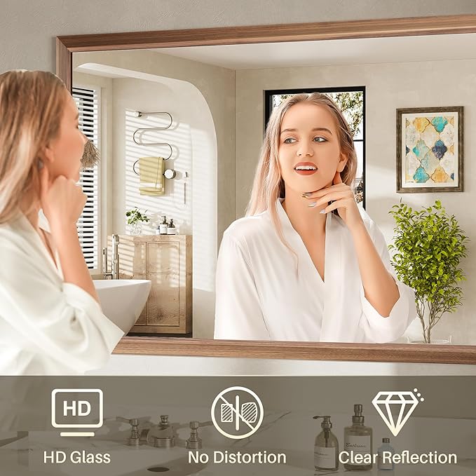 40x38 Inch Bathroom Mirror for Wall, Anti-Rust Walnut Wood Grain Metal Framed Bathroom Mirrors for Over Sink,Rectangler Mirrors for Bathroom Vanity, Farmhouse, Bedroom, Living Room, Entryway Decor
