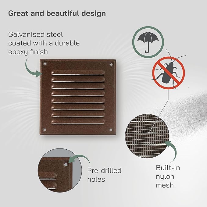 Vent Systems - 5 x 5 Inch (Inner) Pack of 2 Brown Metal Square Soffit Air Vent Grille Cover, Register Vent Deflector Louver Built-in Mesh HVAC for Bathroom Home Office Kitchen 6.5" x 6.5" (Outer)