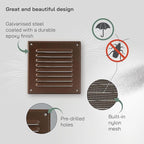 Vent Systems - 5 x 5 Inch (Inner) Brown Metal Square Soffit Air Vent Grille Cover, Register Vent Deflector Louver Built-in Mesh HVAC for Bathroom Home Office Kitchen 6.5" x 6.5" (Outer)
