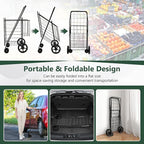 Goplus Jumbo Folding Shopping Cart with Rolling Swivel Wheels, Foldable Grocery Cart on Wheels with Double Basket, Heavy Duty Utility Cart, Shopping Carts for Groceries Laundry Book Luggage Travel