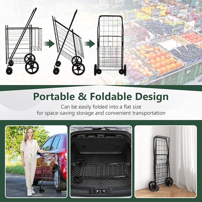 Goplus Jumbo Folding Shopping Cart with Rolling Swivel Wheels, Foldable Grocery Cart on Wheels with Double Basket, Heavy Duty Utility Cart, Shopping Carts for Groceries Laundry Book Luggage Travel