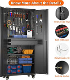 Metal Storage Cabinet with Drawers, Locking Garage Tool Cabinets on Wheels with Pegboards and Hooks for Warehouse Homes, Offices, Assembly Required(Black)