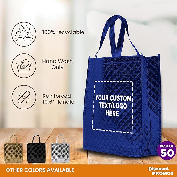 DISCOUNT PROMOS Custom Luxurious Laminated Tote Bags Set of 50, Personalized Bulk Pack - Reusable, Great for Shopping, Beach, Wedding Favors - Royal Blue