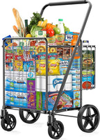 450lbs Capacity Shopping Cart,Upgrade Huge Grocery Cart on Wheels,Heavy Duty Foldable Utility Shopping Carts with Double Basket and 360° Rolling Swivel Wheels for Groceries Laundry Transport 1