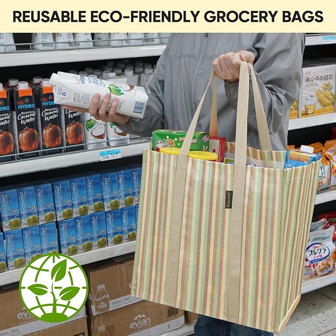 BALEINE 4 PK Grocery Bags Reusable Shopping Bags with Reinforced Bottom, Heavy Duty Foldable Tote Bags (Color Strip)