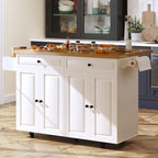 COCO DESIGN 60" Rolling Kitchen Cart with Power Strip & Drop Leaf, Thick Countertop, Large Storage Cabinet & Drawers, Mobile Island with Locking Wheels, Towel Rack and Spice Rack for Kitchen, White