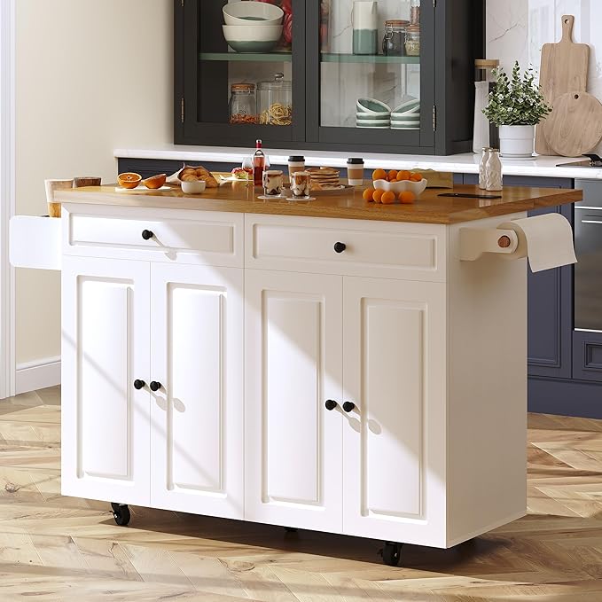 COCO DESIGN 60" Rolling Kitchen Cart with Power Strip & Drop Leaf, Thick Countertop, Large Storage Cabinet & Drawers, Mobile Island with Locking Wheels, Towel Rack and Spice Rack for Kitchen, White