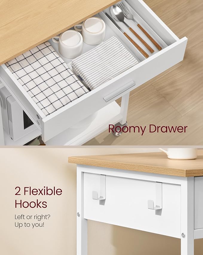 VASAGLE Kitchen Rolling Island, Mobile Kitchen Cart with Storage on Wheels, 17.7 x 23.6 x 35.4 Inches, Drawer, 2 Hooks, for Dining Room, Oak Beige and Matte White UKKI007Y01