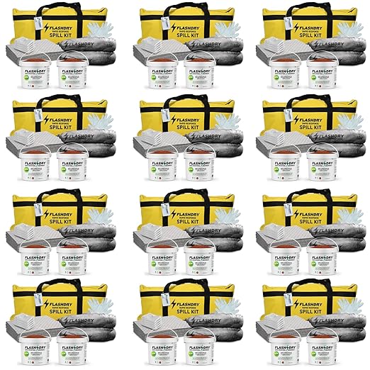 FlashDry Portable Complete Spill Kit - Yellow Duffle, Bag Tag, 15 Absorbent Pads, 2 3" x4' Sorbent Socks, Disposal Bags, Nitrile Gloves, 2 5L Buckets of 100% Organic Coir w/Dispenser Lid, Set of 12