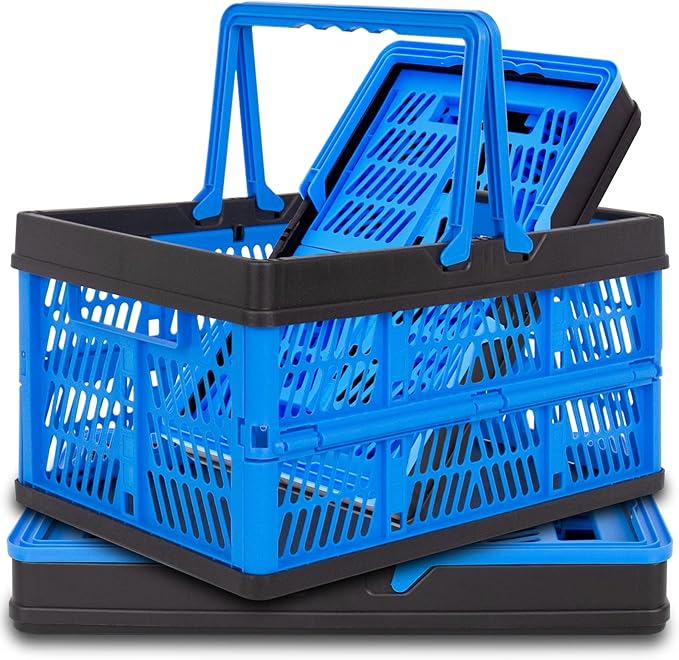 3 Packs 20L Collapsible Plastic Shopping Basket with Handles - Plastic Collapsible Storage Bins, Multi-function Collapsible Storage Crates Black & Blue