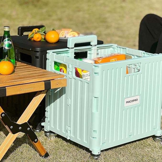 Folding Utility Cart Portable Rolling Crate Handcart Shopping Trolley Collapsible Tool Box, with Lid, Basket on 4 Rotate Wheels, for Grocery, Office, Teacher, Travel Shop Move Luggage (Green)