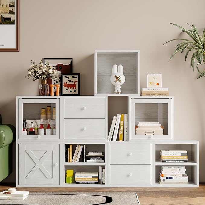 FUSUNBAO Magic DIY Cube Storage Organizer Stackable Cubes for Home Books Clothes Toy-Modular Cubby Storage System-Office Cubical-Bookcase Closet (Pure White-Washed, Door Cube)