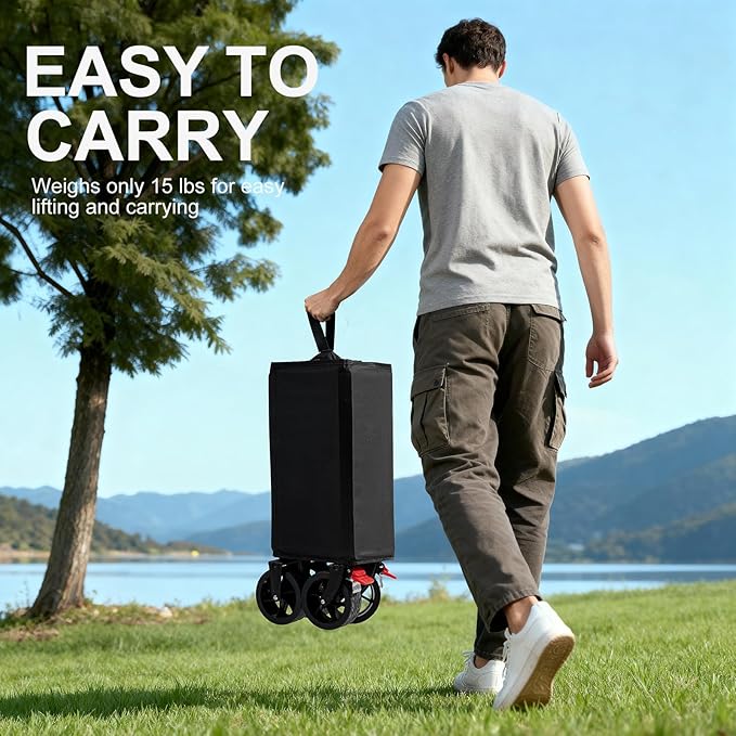 Collapsible Wagon with Wheels,Wagons Carts Foldable Wagon Cart with Flexible Handle, Lightweight Portable Folding Utility Grocery Shopping Cart for Grocery Sports Garden Camping(Black)