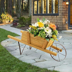 Wooden Wagon Planter, Flower Cart Display Stand w/Metal Wheels & Removable Magnetic Decoration, Wagon Decorative Garden Planter for Plants & Seasonal Displays, Pine Wood (Brown)