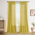 Celery Yellow Curtains 96 Inch Long 2 Panels Set Back Tab Rod Pocket Linen Blend Textured Semi Sheer Light Filtering Boho Decor Curtains Aesthetic Room Decor for Bedroom and Living Room 8Ft 52x96 Inch