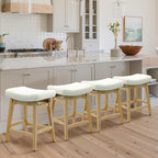 Counter Height White Bar Stools Set of 4 for Kitchen Counter Farmhouse Modern Barstools with Faux Leather Upholstered Backless Seat and Solid Wood Legs 24 inch Bar Chairs, White + Wood Color