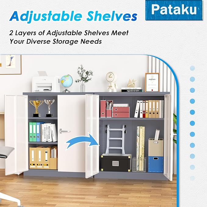 Pataku Metal Storage Cabinet, Garage Cabinet with Doors and Shelves 36" Hx32 Wx16 D, Steel Lockable File Cabinets for Office, Home, Garage, Basement, Industrial, White Grey