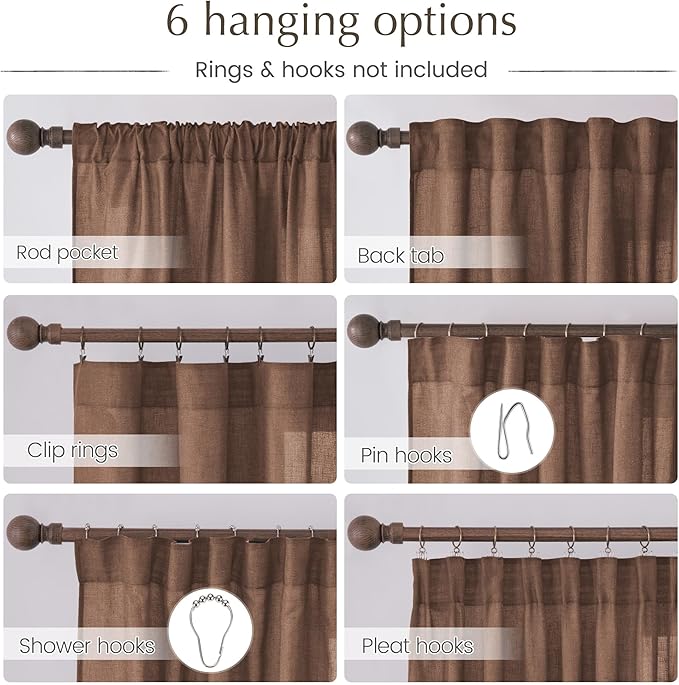 NICETOWN Thick Linen Semi Sheer Gold Brown Curtains for Famhouse, Pleat Tape Semi Sheer Drapes Privacy Added with Light Filtering Window Treatments for Bedroom, W52 x L108, 2 Panels