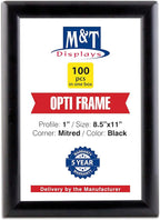 M&T Displays Opti Snap Poster Frame 8.5x11 Inch Black 1" Aluminum Profile Front Loading Wall Mounting Photo Picture Document Certificate Sign Holder Mitered Corner Anti Glare Cover (100 pack)