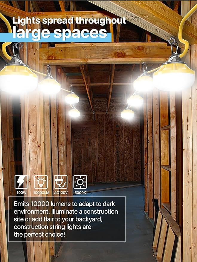 HYPERLITE Construction String Lights: 100FT 10 Bulbs String Work Lights with Climbing Hooks - IP65 Waterproof Linkable LED Construction String Lights for Job Site Attic Renovation Crawlspace Lighting