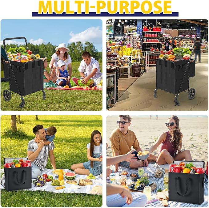 Shopping Cart for Groceries, Folding Utility Cart with Waterproof Liner and Insulated Cooler Bag, 360° Swivel Wheels Height Adjustable Portable Grocery Cart for Condo Laundry Transport Trip