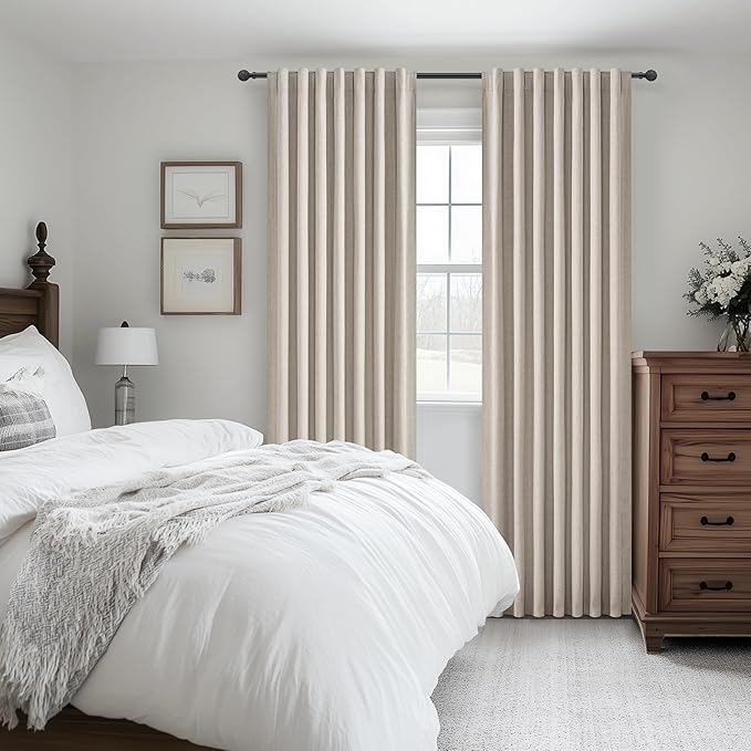 Grey Flax Extra Long Floor to Ceiling Blackout Curtains 108 Inches Long for Sliding Glass Doors 2 Panels Set, Farmhouse Pleated Room Darkening Drapes Decor with Back Tab for Bedroom (50"Wx108"L)