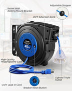 Retractable Extension Cord Reel, 45 FT Heavy Duty Power Cord, 12AWG/3C SJTOW, 3 Grounded Outlets Lighted Triple Tap, 15 Amp Circuit Breaker, UL Listed, Blue U45CR06