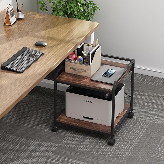 Under Desk Printer Stand, 20 Inches Deep Large Printer Table with Height Adjustable Storage Shelf, 2 Tier Rolling Printer Cart with Wheels for Home Office - Rustic Brown