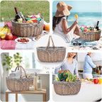 G GOOD GAIN Oval Picnic Basket with Folding Handles, Willow Hand Woven Shopping Basket, Bath Storage Gift Packing Basket, Wicker Empty Easter Eggs and Candy Small Gift Basket.GreyCheck