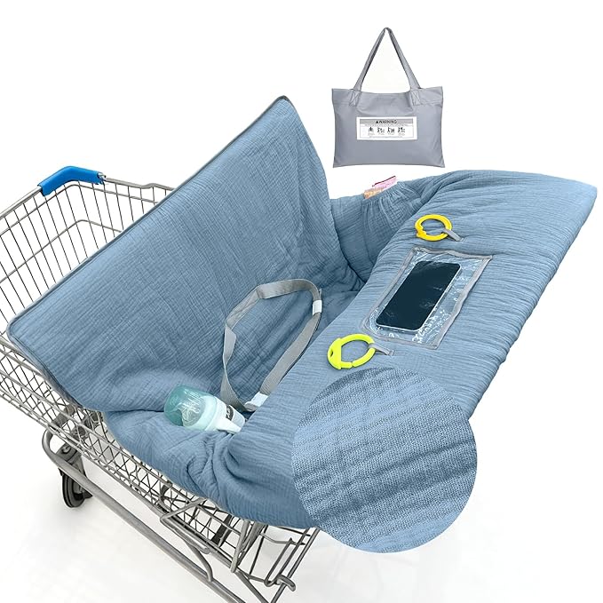 Muslin Shopping Cart Cover for Baby Soft & Breathable High Chair Covers for Restaurant Seat Grocery Cart Cover with Storage Pocket Machine Washable for Infant Toddler Boy and Girl, Blue