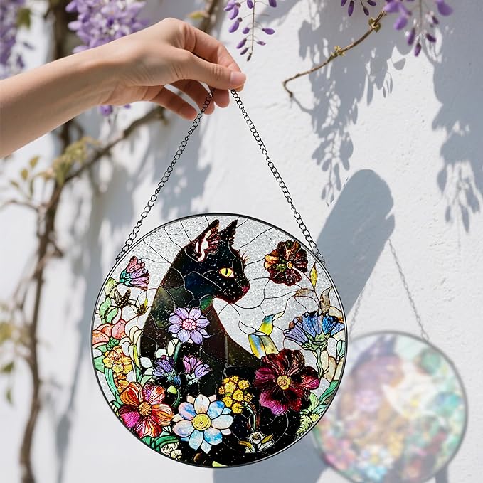 Stained Glass Window Hanging, 8 Inch Black Cat Sun Catcher, Stained Glass Suncatcher, Suncatchers for Windows, Window Decor Hanging, Cats Lover Gifts, Cat Lover Decor, Gifts for Cats Lovers