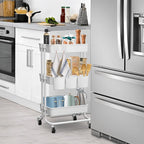 CAXXA 3-Tier Rolling Storage Organizer with 3 Small Baskets - Mobile Utility Cart with Caster Wheels (White)