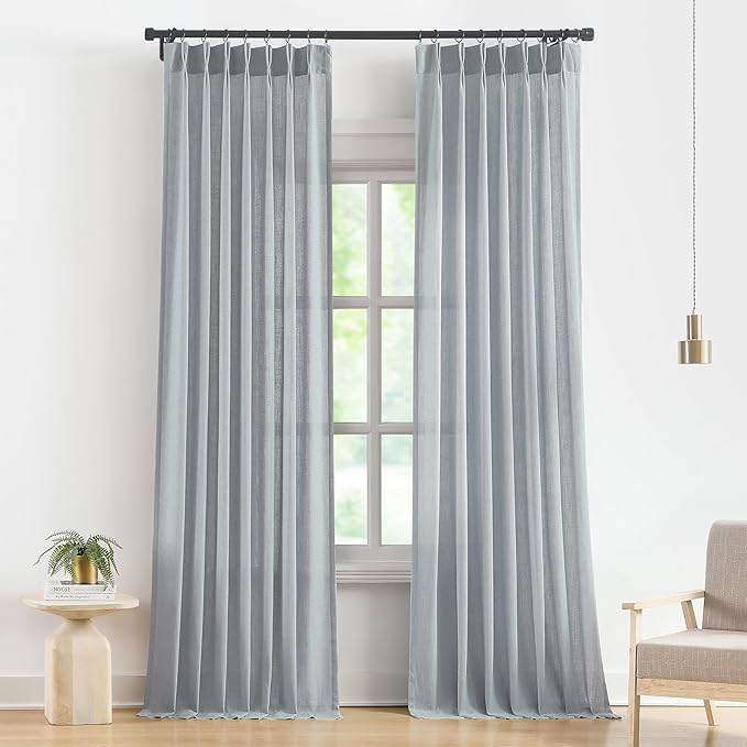 Vision Home Pinch Pleated Semi Sheer Curtains Textured Linen Blended Light Filtering Window Curtains 95 inch for Living Room Bedroom Pinch Pleat Drapes with Hooks 2 Panels 40" Wx95 L,Blue Fog