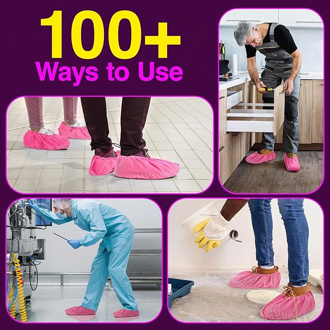 Premium Disposable Boot & Shoe Covers Booties | 100 Pack | Durable, Non-Slip, Non-Toxic, Water Resistant, Recyclable Protectors for Indoor & Outdoor | Large Size Fits Most Shoes (Pink)