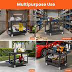 2 Tier Plastic Rolling Utility Cart on Wheels, Heavy Duty Tool Cart with Deep Shelves and 360° Swivel Wheels Holds up to 550 lbs, Service Cart for Warehouse,Garage, Cleaning (Black-L)