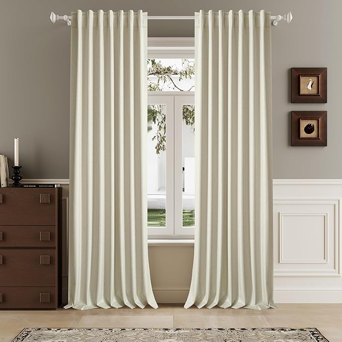 DUALIFE Cream Beige Linen Blackout Curtains 132 Inch Length 2 Panels Set for Living Room Bedroom Back Tab Thermal Insulated 100% Black Out Linen Drapes 11 ft Window Curtains 132 Inches Long