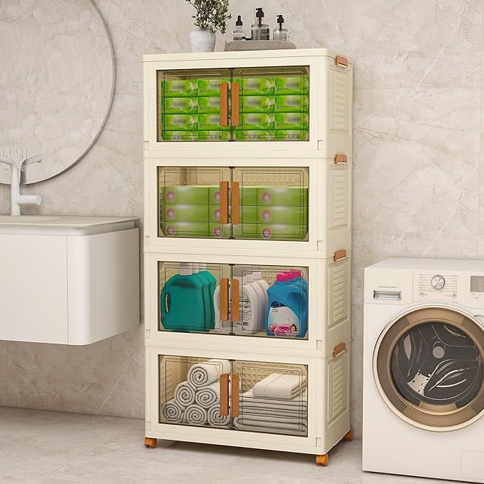 Plastic Stackable Storage Bins with 2 Lids and Wheels, 273.6QT-45.6QT*6Tier Foldable Closet Organizers and Containers, Collapsible Clear Drawer Storage Cabinet with Doors Ivory White