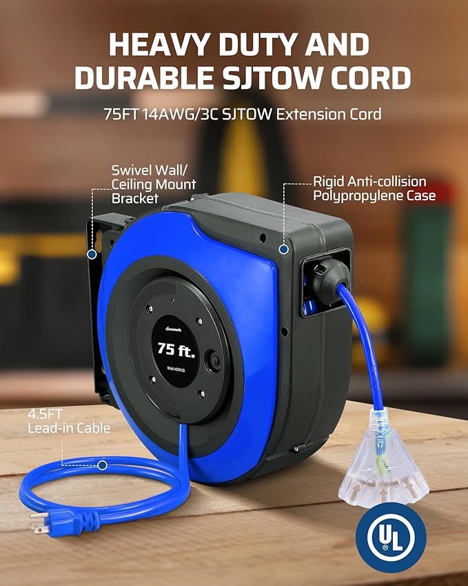 DEWENWILS Retractable Extension Cord Reel, 75 FT Heavy Duty Power Cord, 14/3C SJTOW Retractable Cord Reel, Lighted Triple Outlets, 10A Circuit Breaker, Wall/Ceiling Mount, UL Listed, Blue